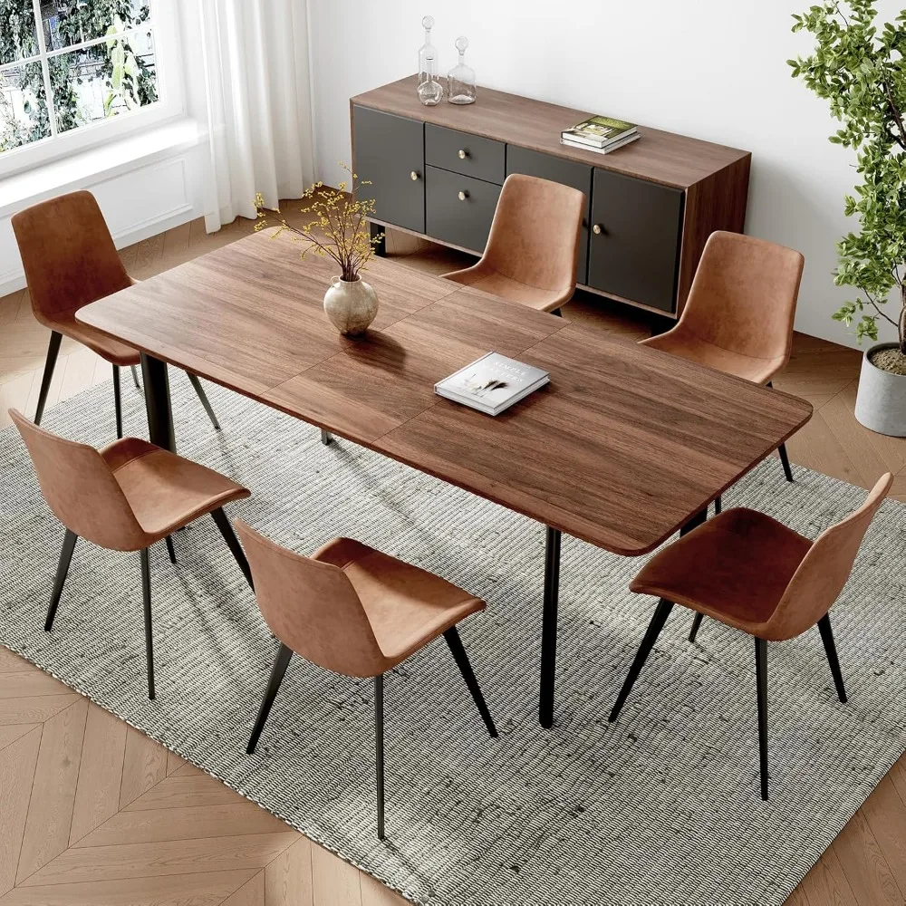 

63"- 78.7" Extendable Dining Table Set for 6, Modern Kitchen Table with 6 Dining Chairs, Thickened Expandable Wooden Table with