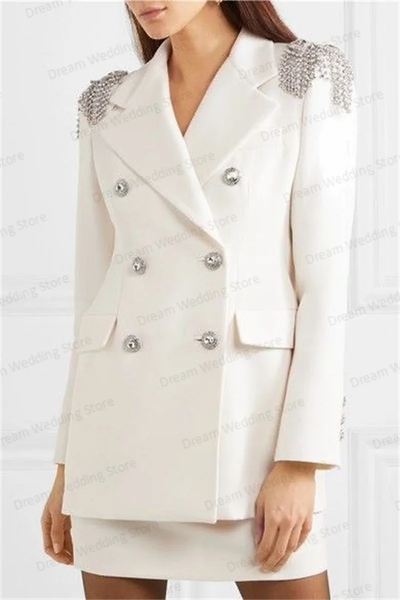 Traje blanco con cuentas para mujer, conjunto de falda de 2 piezas, Blazer + vestido de graduación, abrigo, esmoquin de boda, de doble botonadura chaqueta, vestido hecho a medida