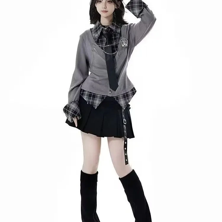 القوطية خمر 2 قطعة تنورة مجموعة حار الفتيات منقوشة المرقعة وهمية اثنين القمم شارع العليا Y2k تنورة صغيرة نمط Preppy مجموعة الموضة #2