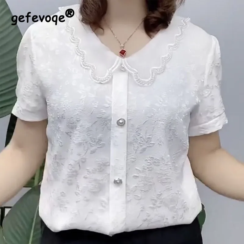 White Doll Collar Printing Women\'s Clothing Summer Fashion Elegant Sweet Loose Tops Women Embroidered Flares Comfortable T-shirt