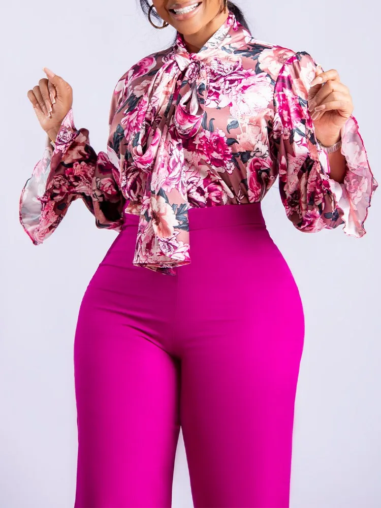 الخريف والشتاء عادية مطبوعة قميص طويل الأكمام والسراويل واسعة الساق قطعتين مجموعة للنساء موضة أنيقة 2 قطعة مجموعة جديد