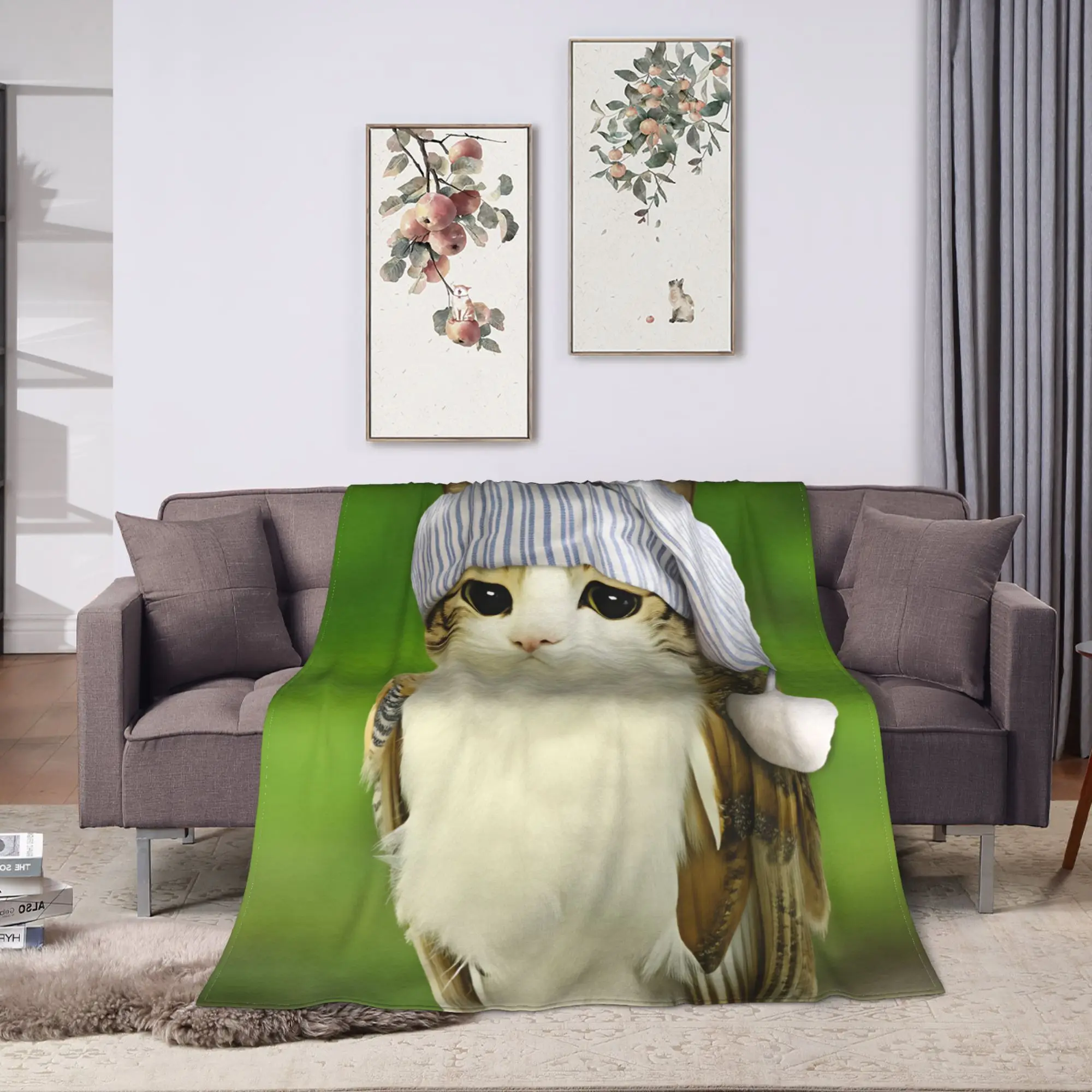 Sleepy Nightcap Meowl Cat Blanket Winter  Warm Throw Blanket For Girls Home Decor Flannel Bedspread Bed Cover