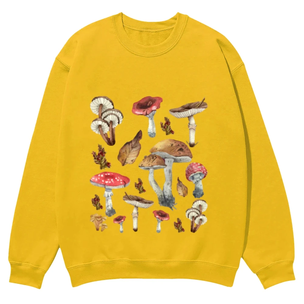 Chic Mushroom Printed Sweater, Long Sleeve, Crew Neck, Cotton Sweatshirt, Casual Loose Streetwear, Unisex Top, Spring and Autumn