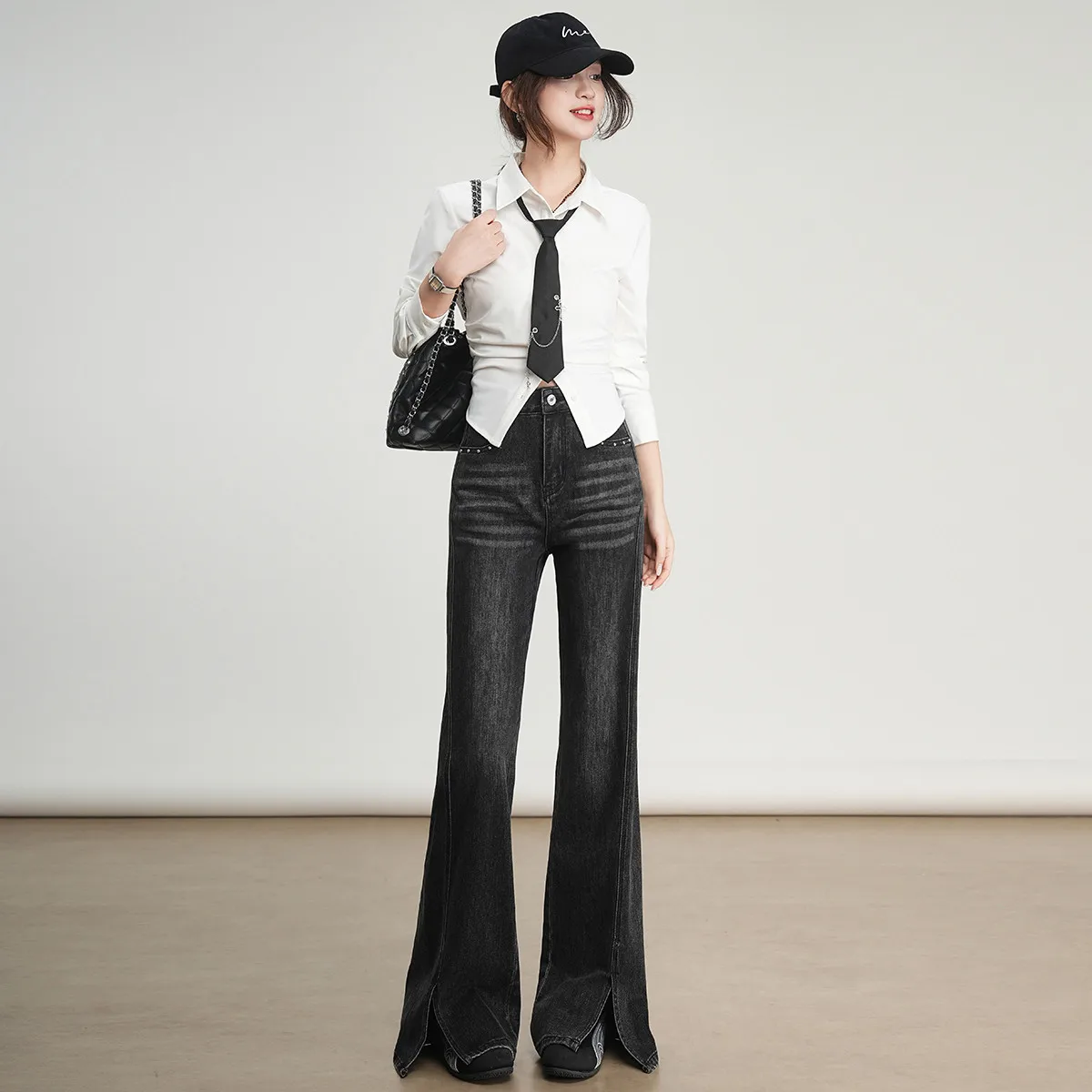 LOUISYAO Leg Split Flared Denim Pants Women 2025 Autumn High Waisted Rivet Decorated Slightly Stretchy Long Jeans Best Seller 
