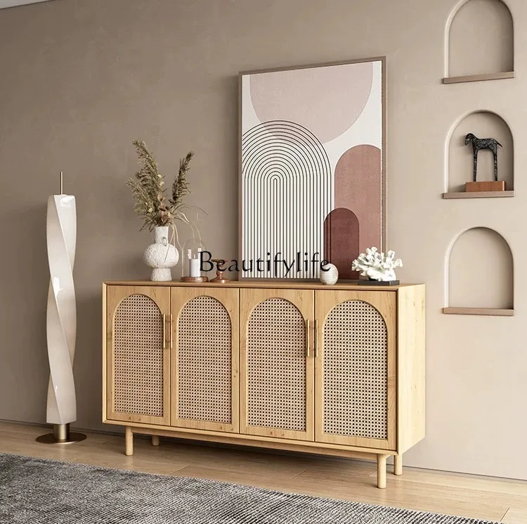 Nordic Rattan Solid Wood Sideboard Living Room Entrance Cabinet Locker Light Luxury Storage Side Cabinet