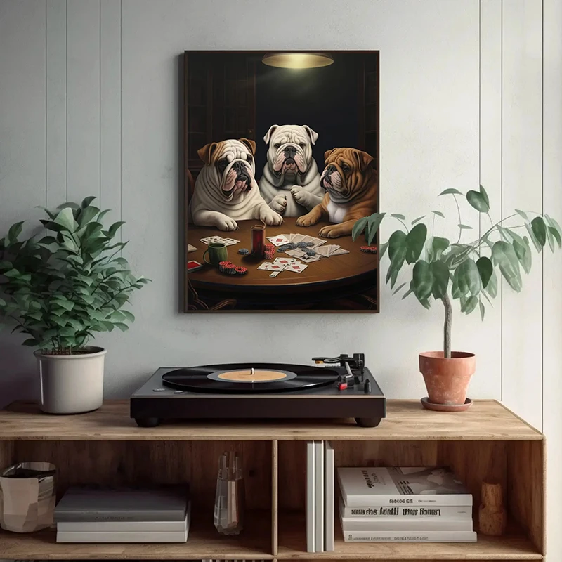 Animal Funny English Bulldog Playing Poker Smoke Bar Poster Print Wall Art Pictures Canvas Painting Living Room Home Decor Gift