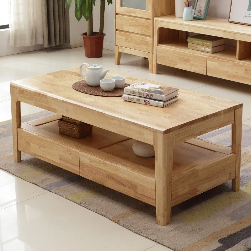 Nordic solid wood coffee table modern simple living room economical 1.2 meters small apartment rectangular log drawer table