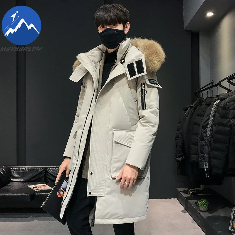 Maxbarley Premium Men Down Jacket Fur Collar Hood Outdoor Travel Cold Resistant Parkas Fashion Street Comfortable Warm Long Coat