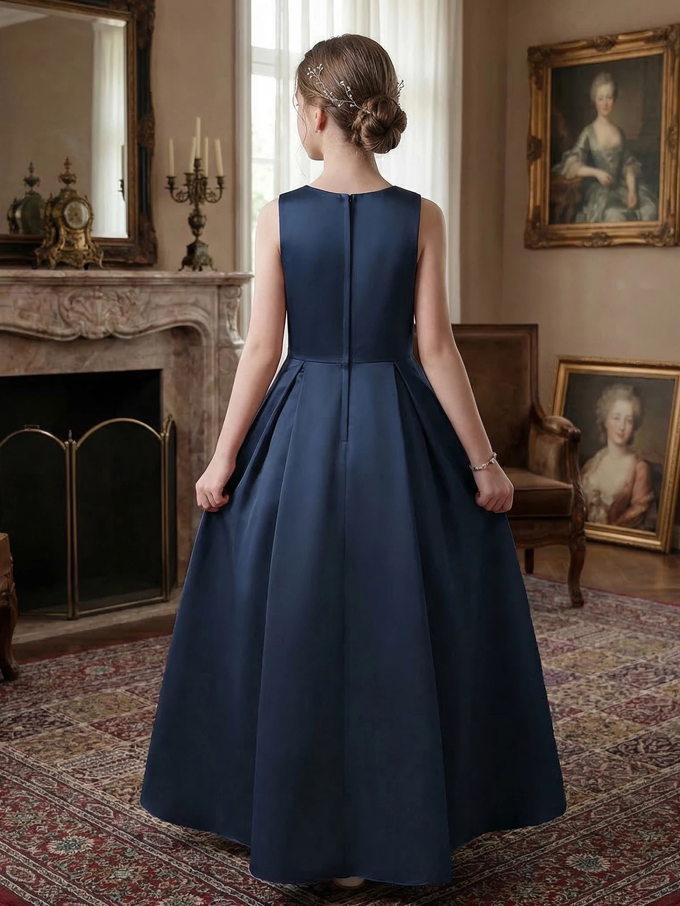 Teen Girl Wedding Party Dress Long Evening Gown Dark Blue High-Class Satin with Irregular Skirt Flare,Formal Occasions,Banquets