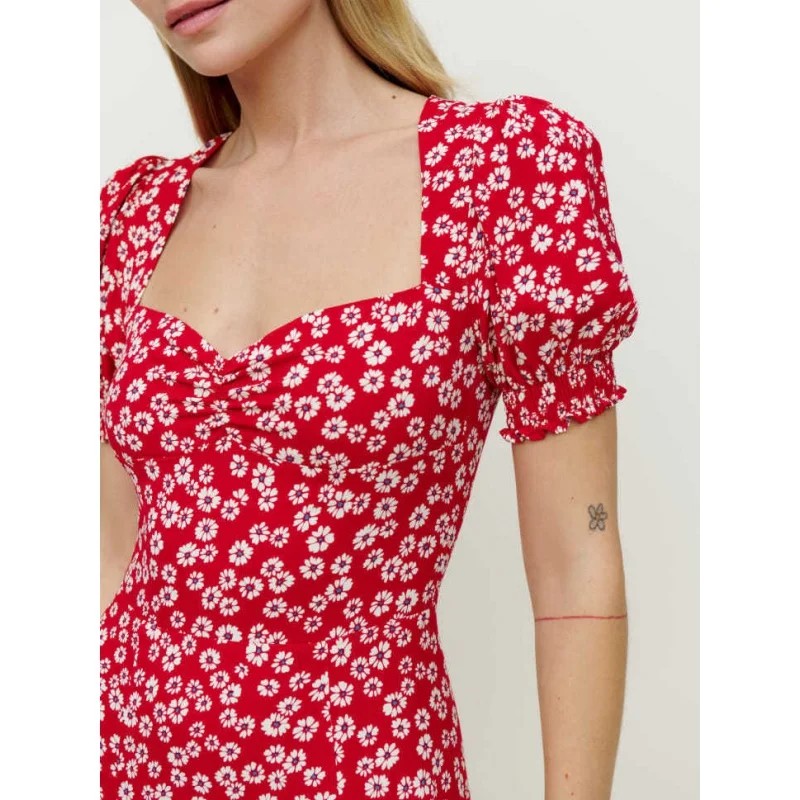 Spot Damen neue quadratische Kragen Laterne Kurzarm bedruckten Schlitz Saum am Saum langes Kleid