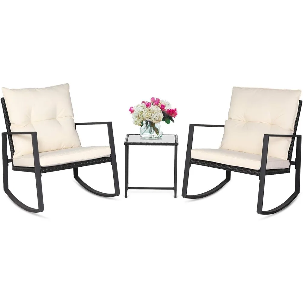 

3-Piece Outdoor Swinging Tavern Set with Black Willow Furniture, Porch Chair with Glass Coffee Table, Dialogue Set in Beige