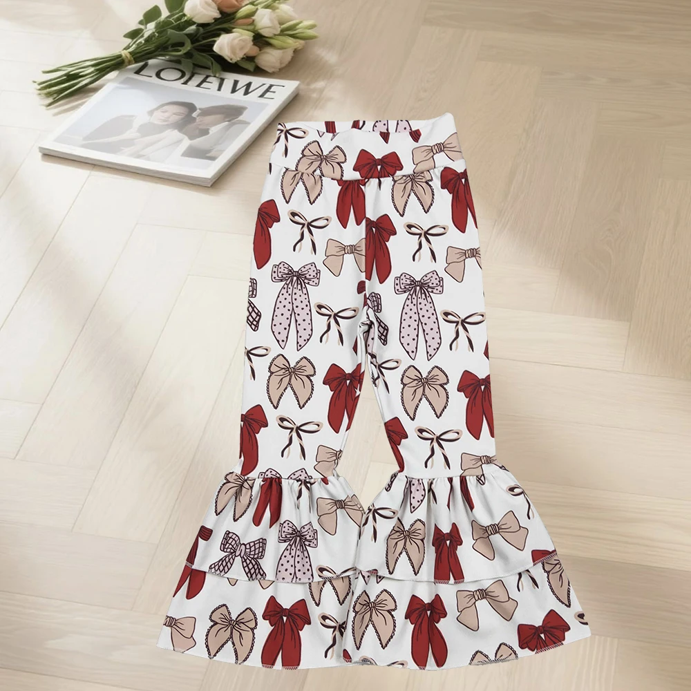 

12,4 Брюки для маленьких девочек Брюки-клеш с красными бантами для йоги и активными рюшами для маленьких девочек