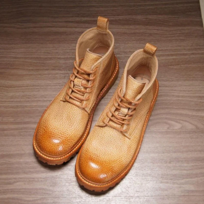 Vintage Genuine Leather Men Work Boots Thick Sole Lace-up Ankle Boots for Western Outdoor Street Wear