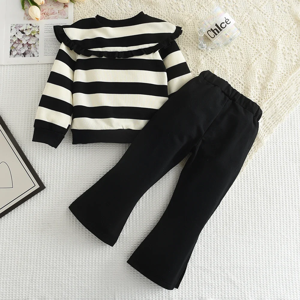 Menoea Long SleeveAutumn and Winter New  Large Lapel Pleated Stripe Top+Bell-bottoms Two Piece Girls\' Set