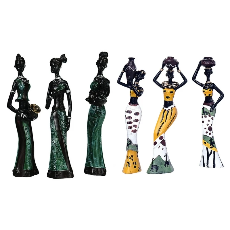 

3Pcs African Woman Statues Tribal Lady Desktops Ornament Resins Sculpture Set
