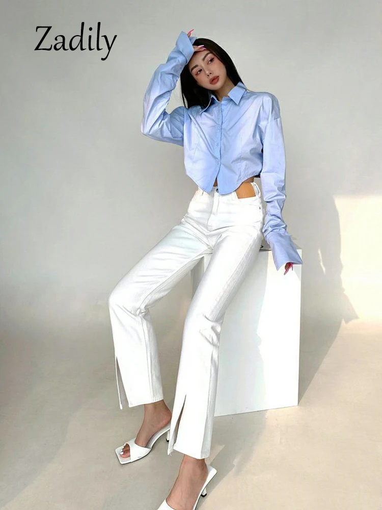 Casual Long Sleeve Women Blue Shirt And Blouse Minimalist Button Up Turn Down Collar Crop Tops Party Female Clothing