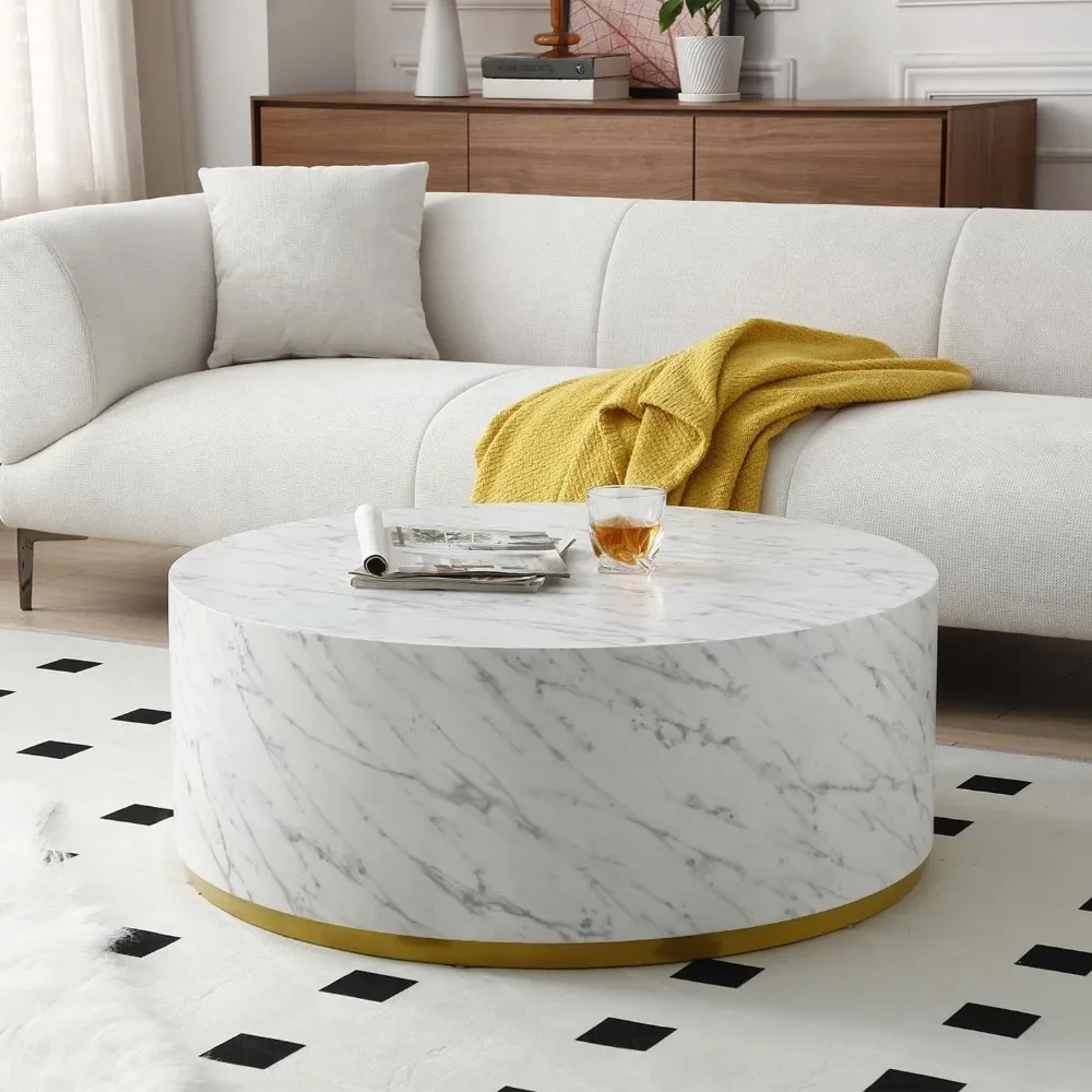 Modern Black Marble Coffee Table for Living Room Drum-Shape Coffee Table Round Cocktail Table with Gold Metal Base