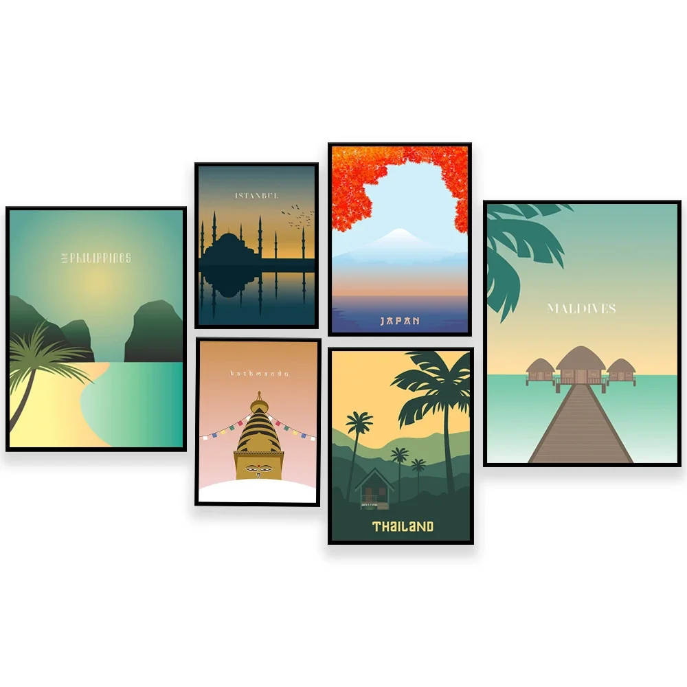 Philippines, Taj Mahal, Istanbul, Japan, Maldives, Oman, Dubai, Bali, Thailand, Nepal minimalist travel poster graphic design