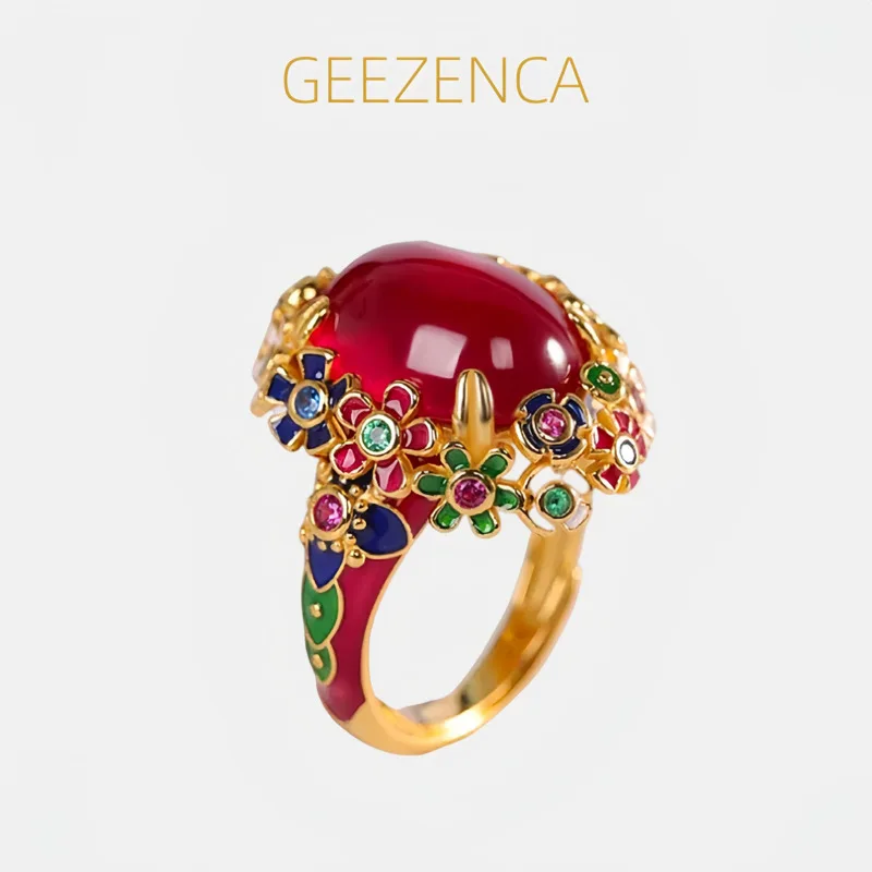 

GEEZENCA красный корунд, цветная эмаль, цветок CZ, серебро 925 пробы, позолоченные женские эффектные кольца, великолепное изящное открытое кольцо, подарок любви