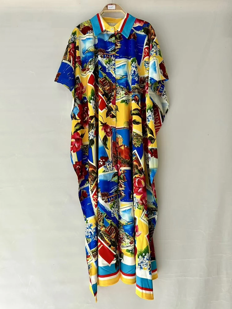 فستان بتصميم عتيق بطباعة هندسية وطية صدر واحدة مكشكش وأكمام خفافيش لصيف 2025 فستان قميص فضفاض على الموضة للسيدات