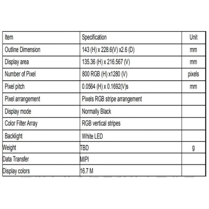 31-pin Interface a-Si TFT-LCD, LCM 800(RGB)x1280, LCD Screen WXGA 150PPI LCD Screen 10.1 Inch MIPI WLED