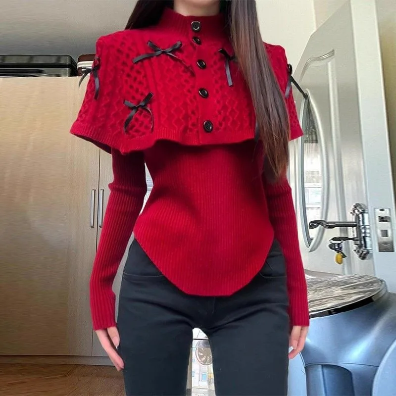 

Autumn/Winter New Fashion Two-Piece Red Knit Set with Bow Cape and Scarf, Versatile Trendy Pullover