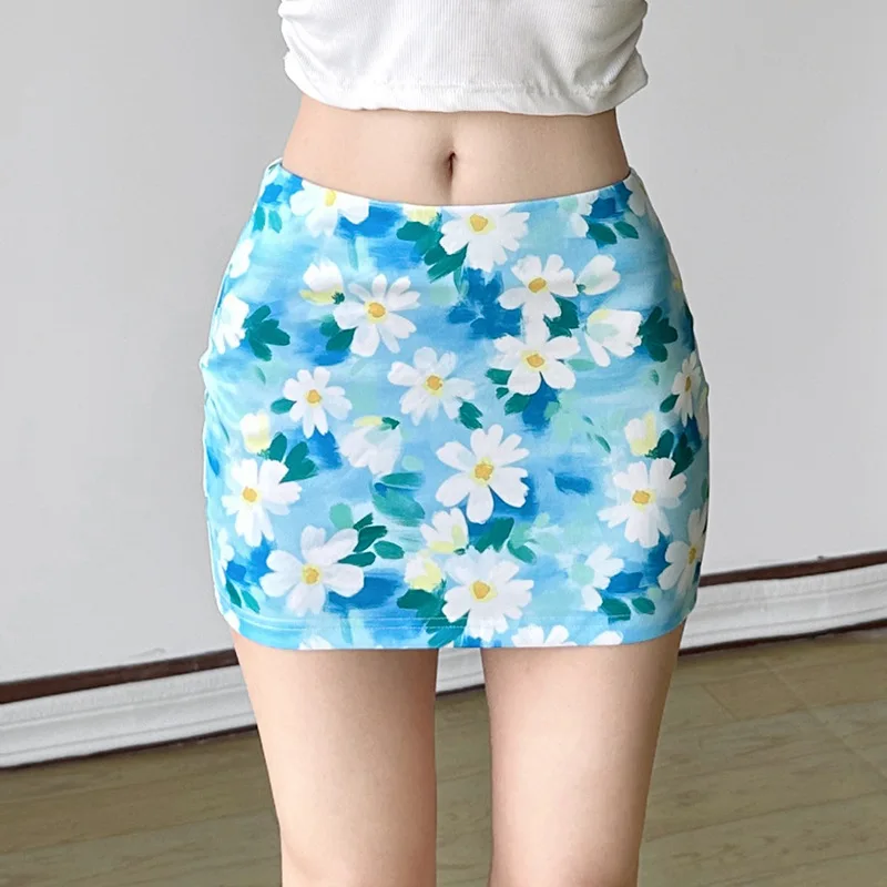 

New Summer Women's Mini Skirt Retro Daisy Floral Print High Waist Slimming Skirts Elegant All-match Skirt Holiday Women Clothes