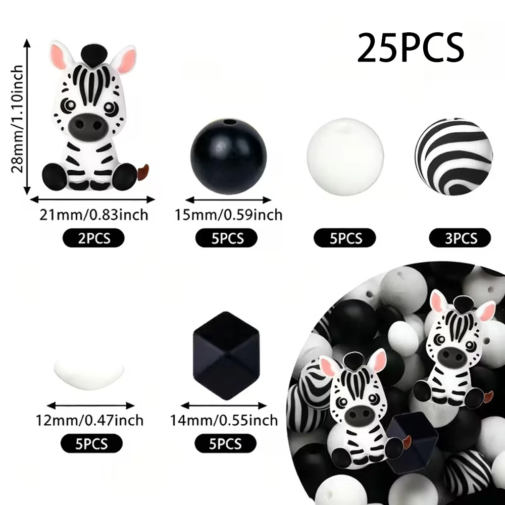 25-teiliges 3D-Tier-Silikonperlen-Set, Zebra, Kuh, Giraffe, Leopard, DIY-Perlenkette, Armband, Dekorationsstift, Schmuckanhänger, etc. Geburtstagsgeschenk für die Feiertage – Detail 7