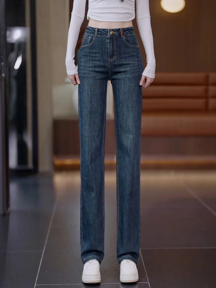 

Джинсы с высокой талией и прямыми штанинами, женские повседневные брюки с широкими штанинами, весна-осень, новый стиль, удобные, универсальные, повседневные джинсы