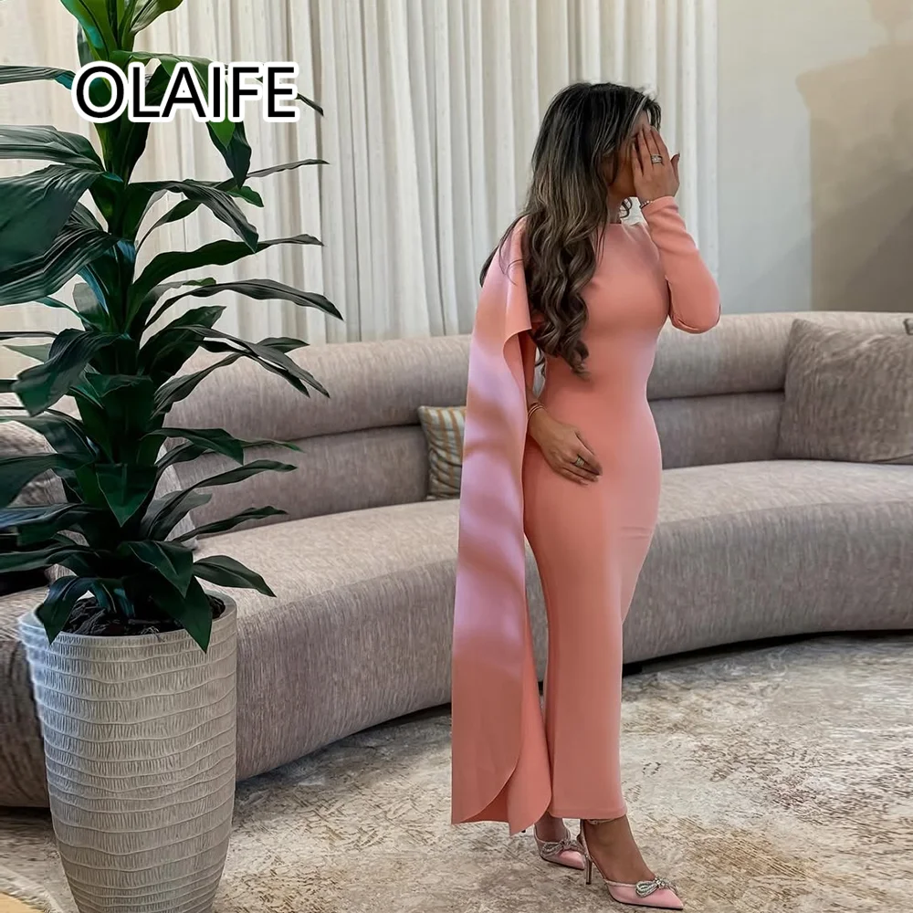 

Customized Simple O-neck Satin Solid Formal Saudi Arab Bridesmaid Dress Sheath Sexy Long Prom Evening Gown with Long Sleeve