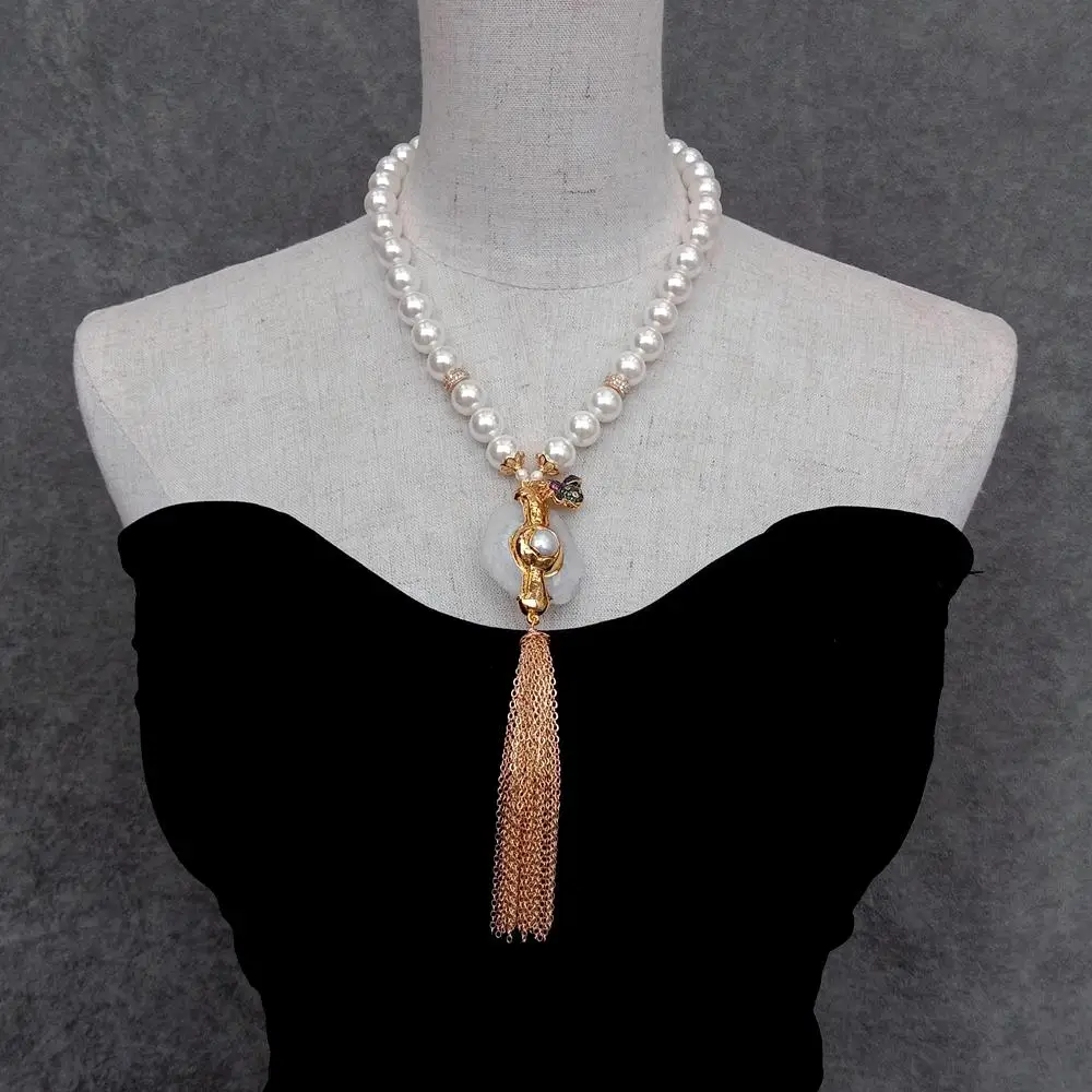 YYGEM  White Round Sea Shell Pearl Necklace Natural 35x47mm White Quartz Slice Cultured Pearl Pendant Cz Pave Insect Charm