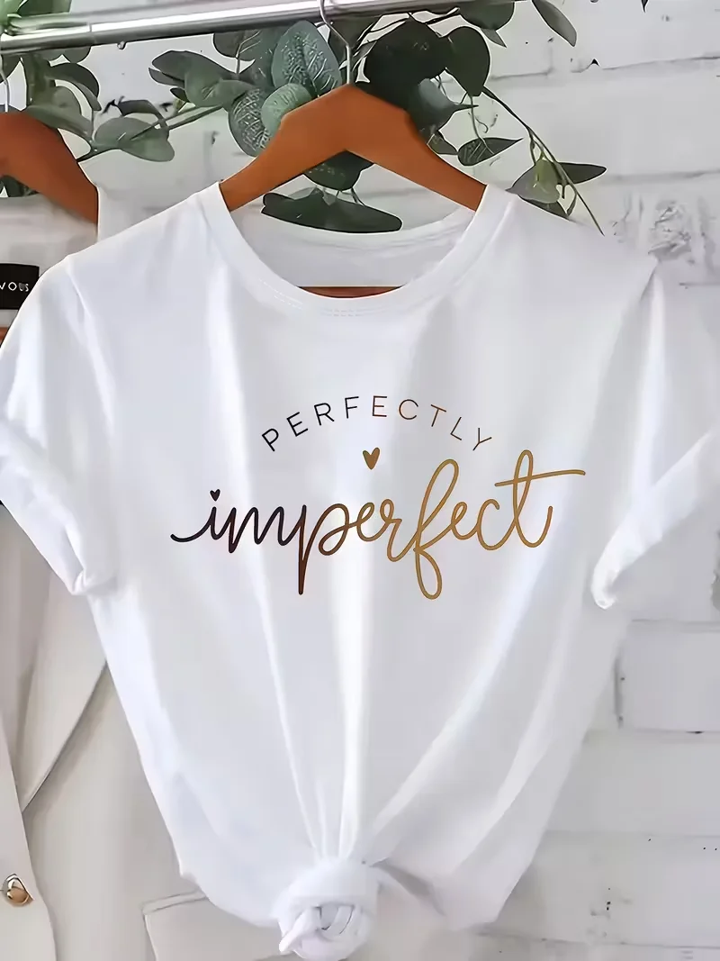 Women's T-shirt Perfectly Imperfect Letter Print Gold Foil Heart Casual Short Sleeve Tee,Short Sleeve Summer Women's Clothing