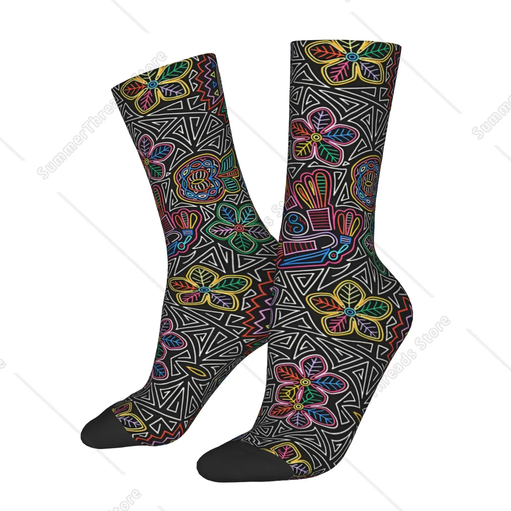 

Ethnic Style Colorful Floral & Geometric Pattern Mid - Calf Socks, Artistic Casual Socks Man Polyester Sock