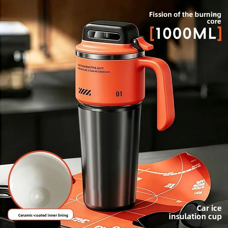 Bouteille d'eau isotherme en acier inoxydable 304 de 1L avec paille, tasse thermos sous vide à couvercle rabattable à une touche avec poignée pour voiture, voyage et maison