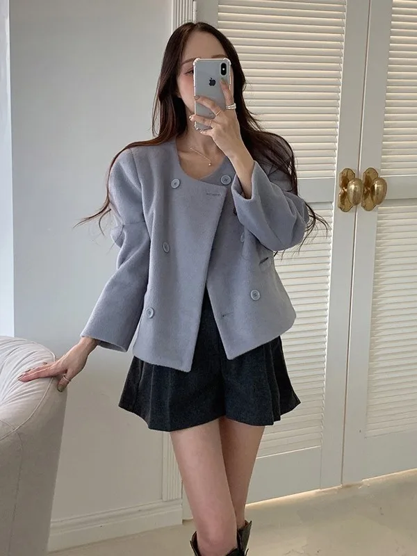 

Women's Winter ort Woolen Coat round Ne Cotton Lined Double Breasted Korean Sle Warm Loose Fit Ladies Jaet