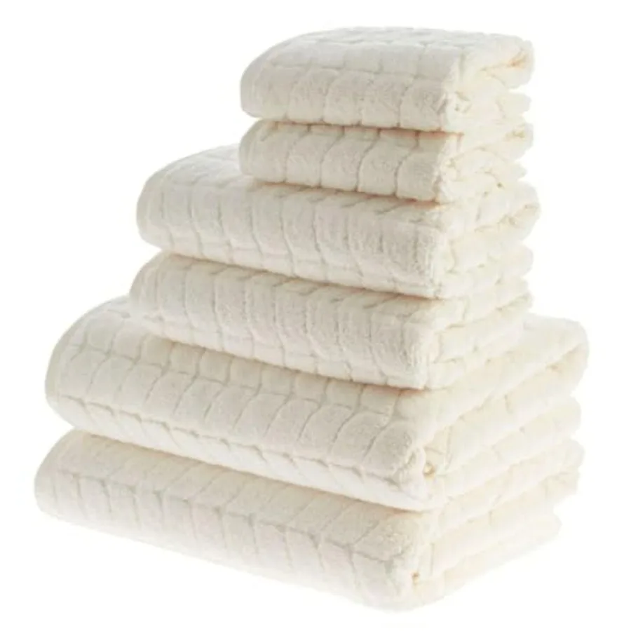 Turkish Cotton Bath Towels Set for Home Use - Cream Plush Jacquard Fabric - Ultra Absorbent Soft Hand Bath Towels 6 pcs