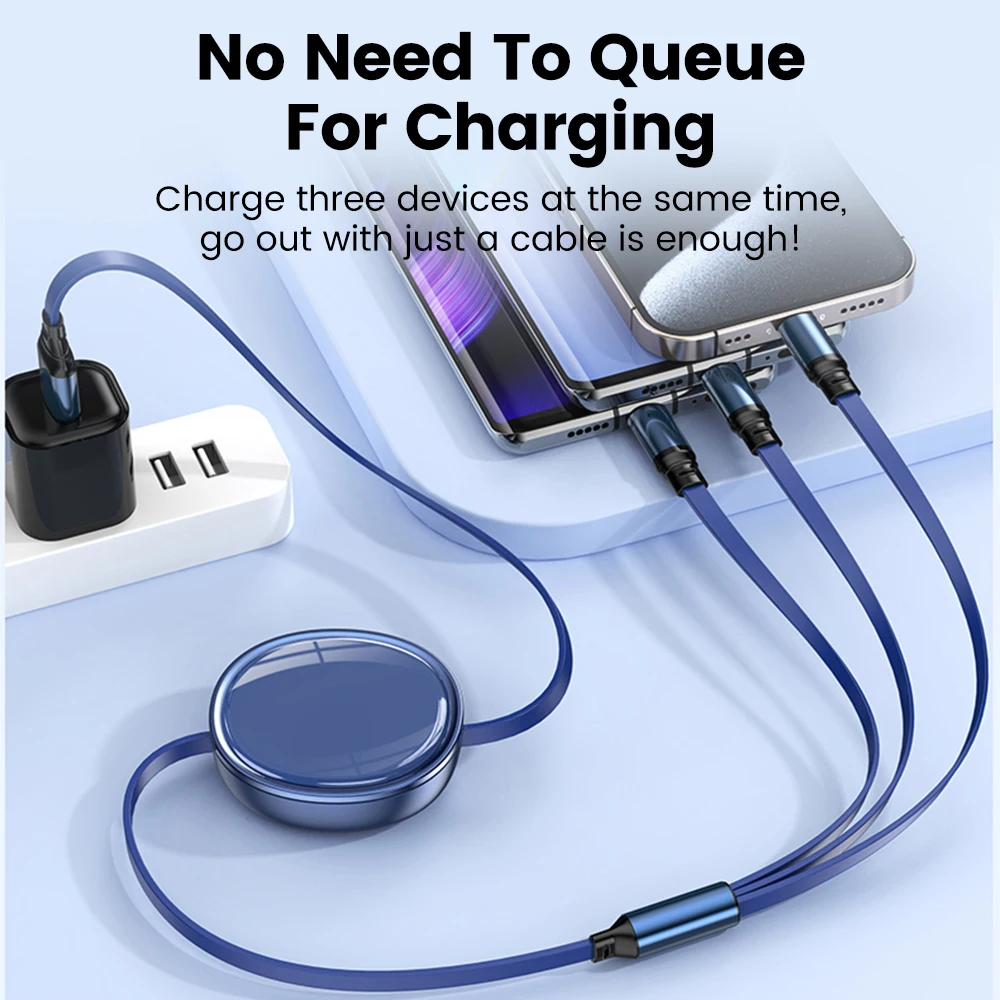 Olaf Retractable 100W Fast Charging Cable USB Cable For iPhone Samsung Xiaomi 3 in 1 Micro USB Type C Charger Cable For Phones