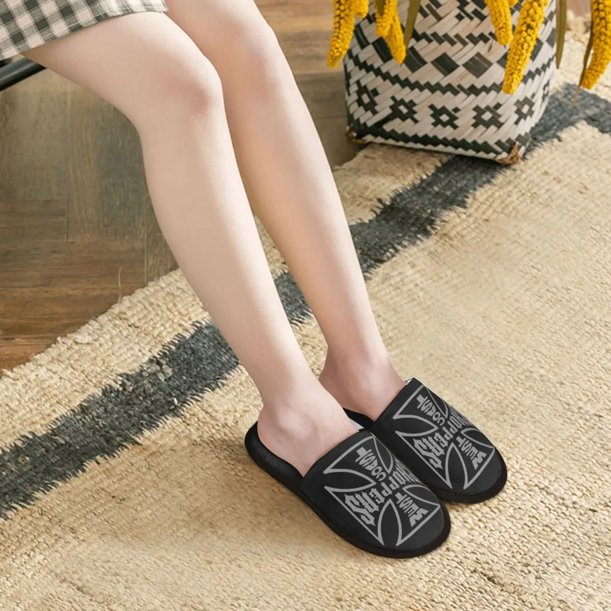 West Coast Iron Cross Choppers Soft Scuff With Memory Foam Slippers Women Bedroom House Shoes