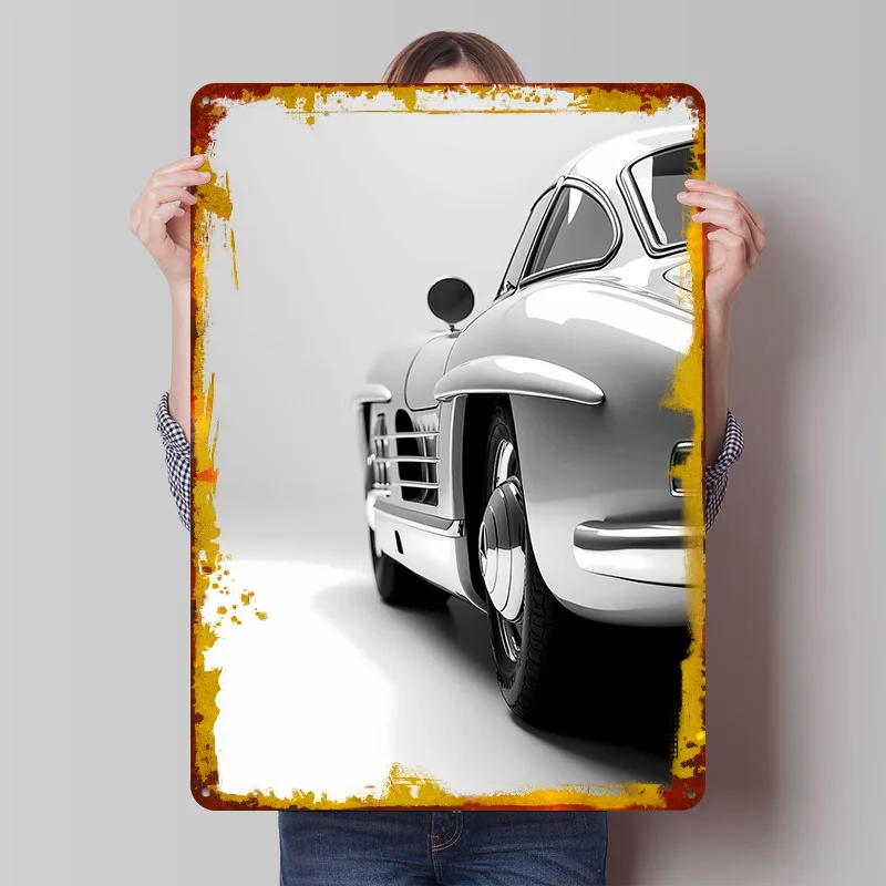

Классический серебряный немецкий автомобиль 300 SL: Металлический постер, индивидуальный настенный декор, ретро-винтажные жестяные таблички для уютного оформления игровой комнаты