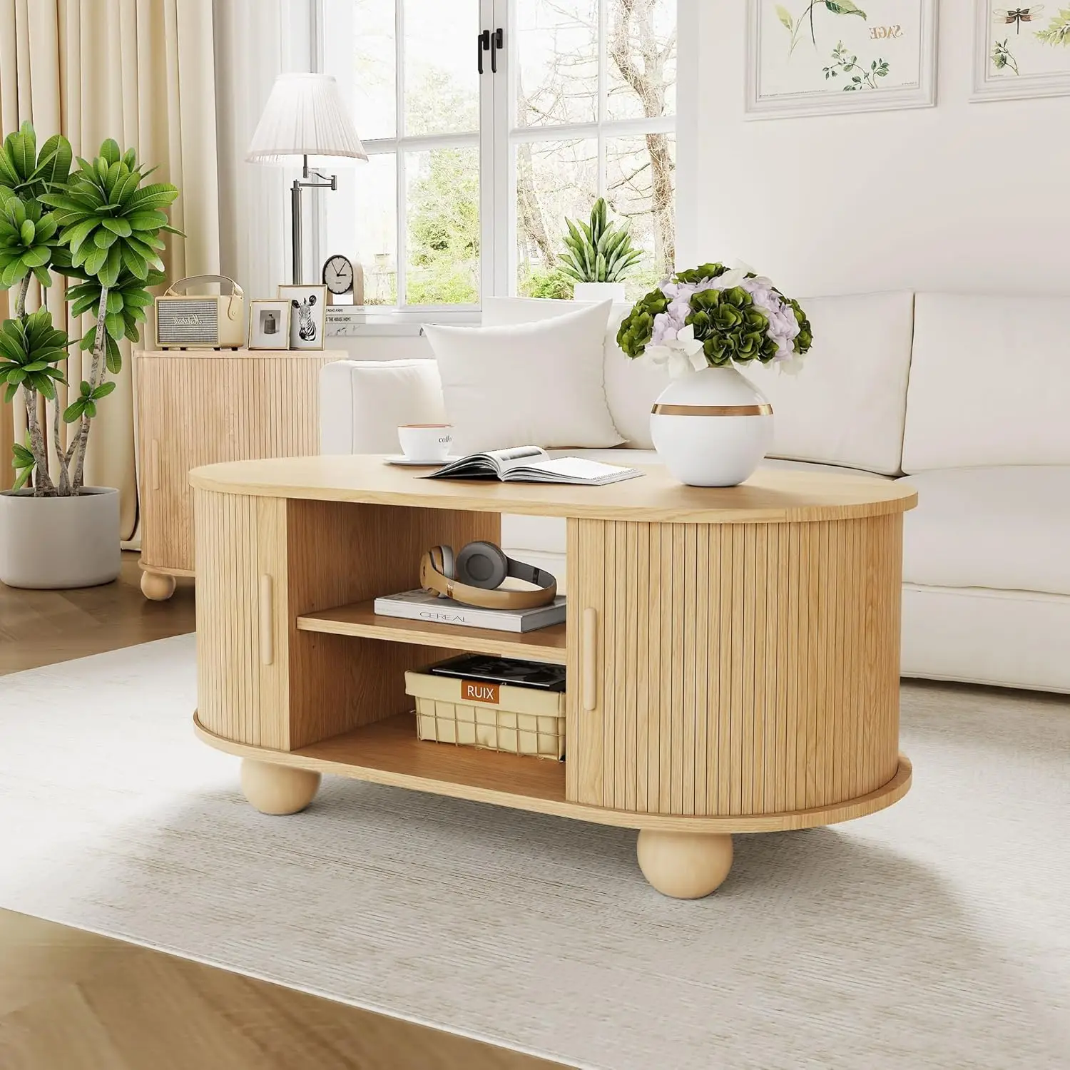 Rectangle Coffee Table, Fluted Coffee Tables For Living Room, Mid-Century Coffee Table Center Table With Storage & Sliding Doors