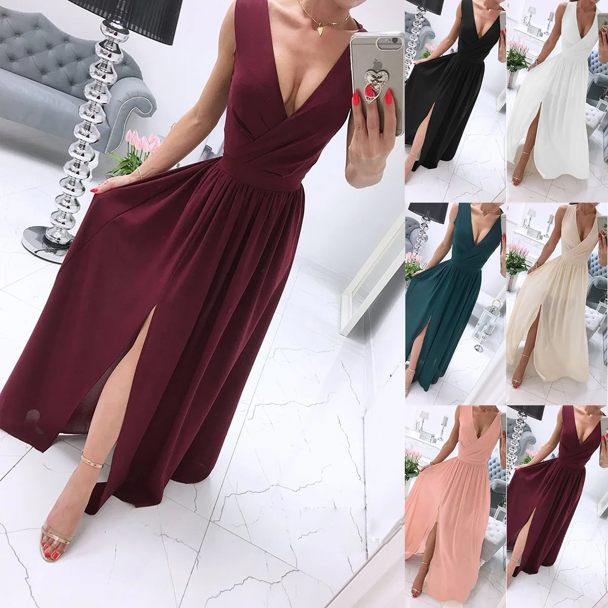 Summer Women's New Fashion Evening Dress Solid Color Split Sleeveless Style Dress Long Dress