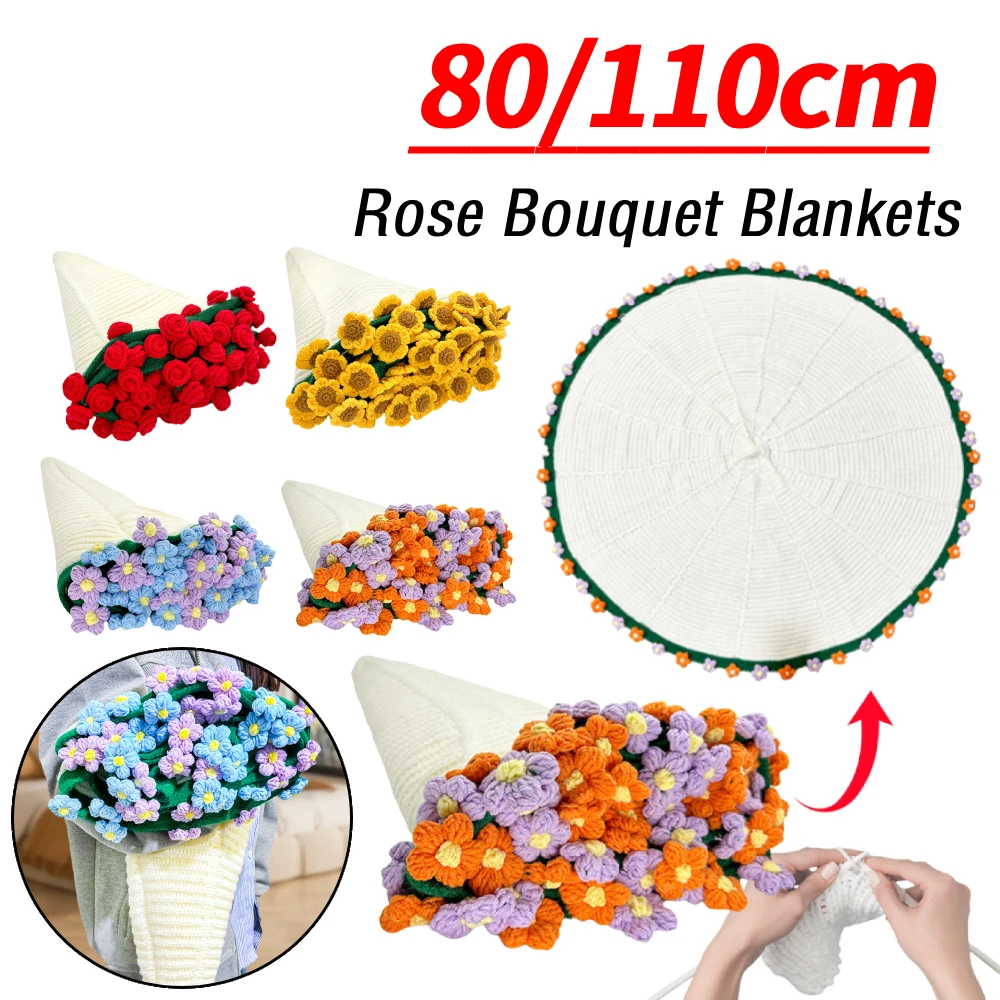 80/110cm Rose Bouquet Blankets Handmade Crocheted Blanket Flower Bouquet Blankets for Sofa Throw Nursery Blanket Mattress Gifts
