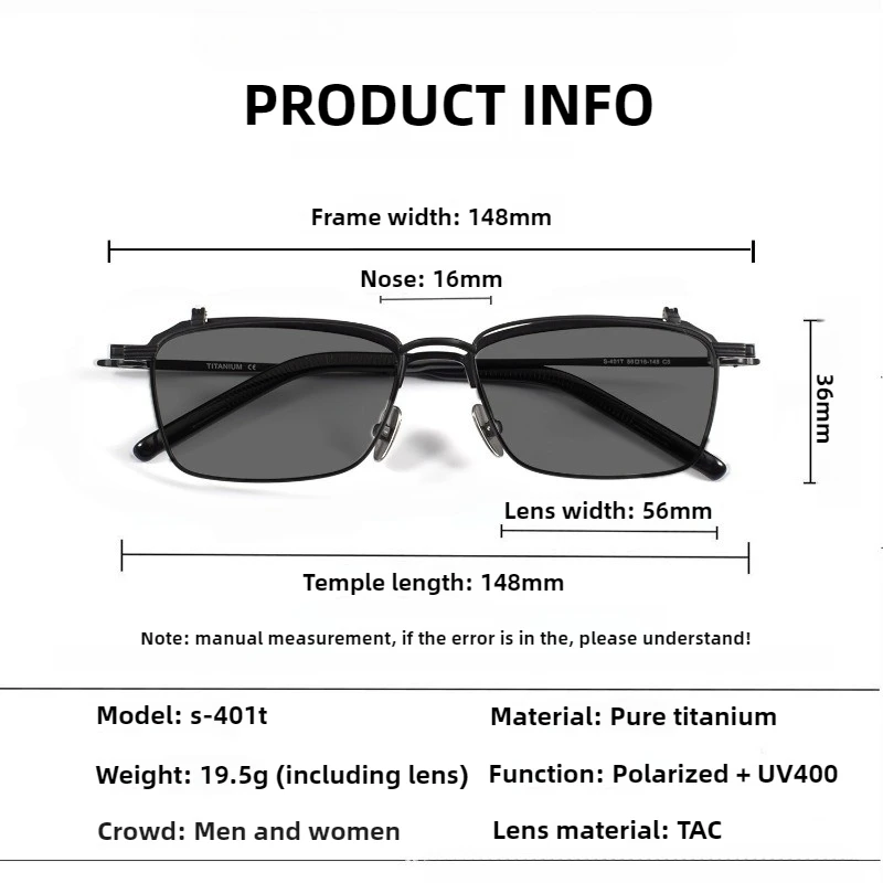 New Technology Pure Titanium Upper Flip Frames Polarized Sunglasses for Men, High-end Trend Square Vintage Sunglasses UV glasses