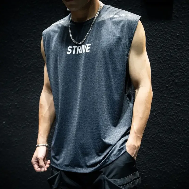 

Летний быстросохнущий белый жилет без рукавов из ледяного шелка, мужской свободный модный брендовый жилет с короткими рукавами, большой размер, спортивный фитнес