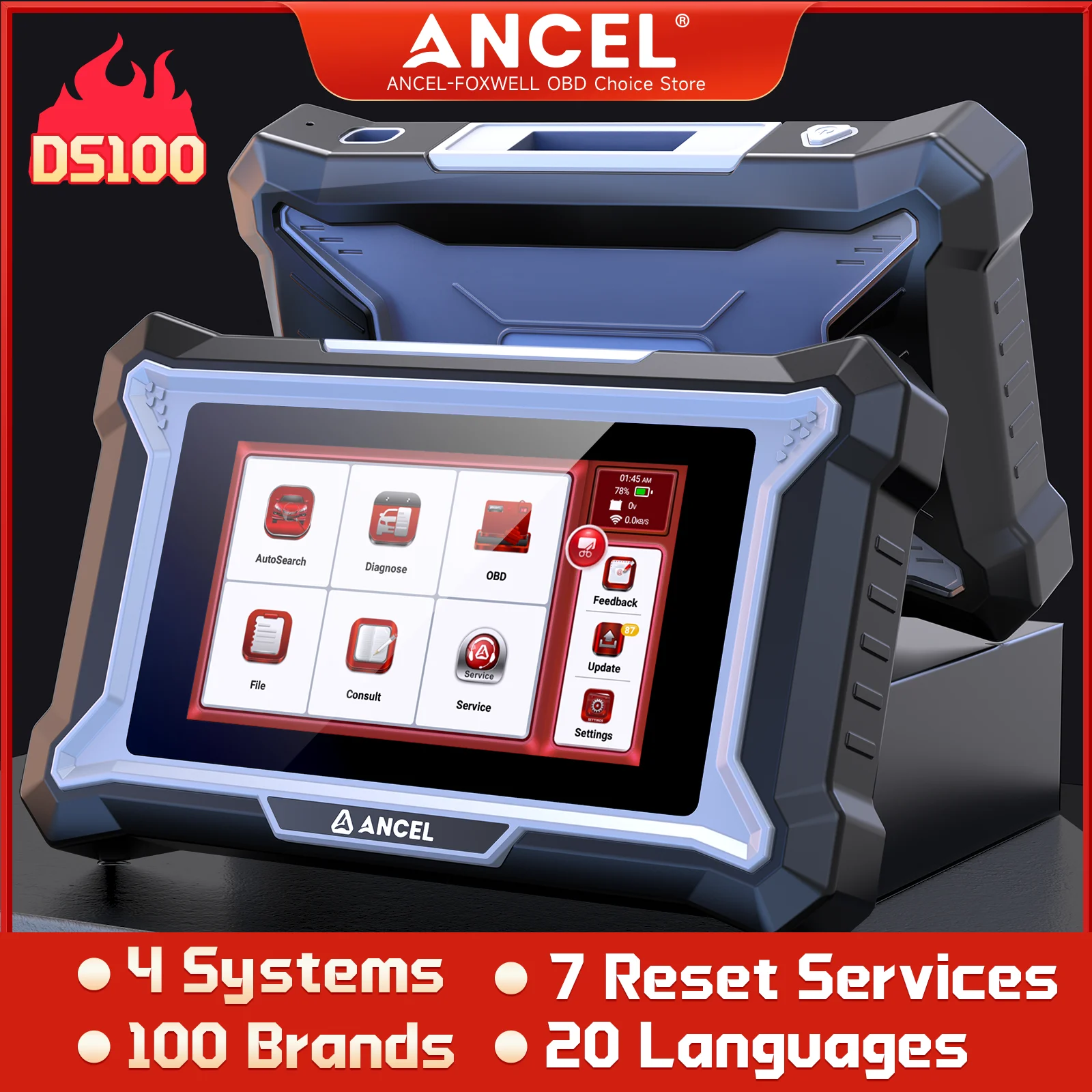 ANCEL DS100 Auto OBD2 Scanner 4 System 7 Reset Service Car OBD2 Diagnostic Tools Lifetime Free Update PK X431 CRP123E 2025 New