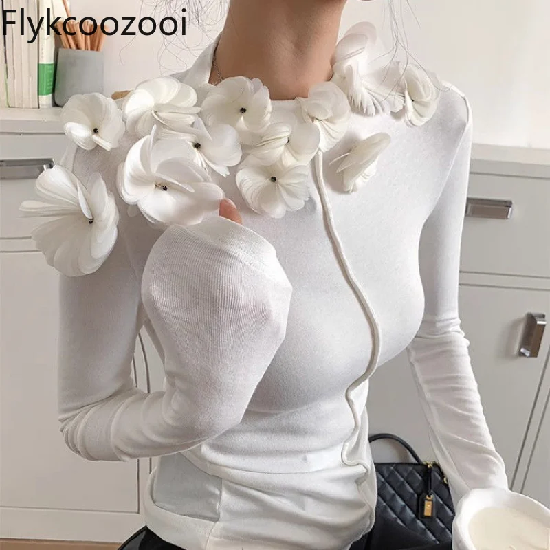 

Three-dimensional Flower Design Sense Knit Base Shirt Women's Autumn Niche White Slimming Long-sleeved Top Casual Pullover