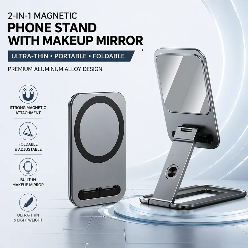 Aliexpress Ultra‑Slim Portable 2‑in‑1 Magnetic Phone Holder Aluminum Alloy Foldable Cell Phone Stand With Makeup Mirror For iPhone Android - Aliexpress Deal