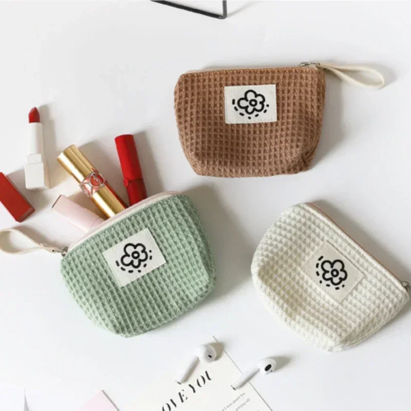 Cute Waffle Coin Purse Summer Flowers Small Storage Bag Portable Wrist Bag Fashion Women Girls Lipstick Coin Cards Organizer Bag