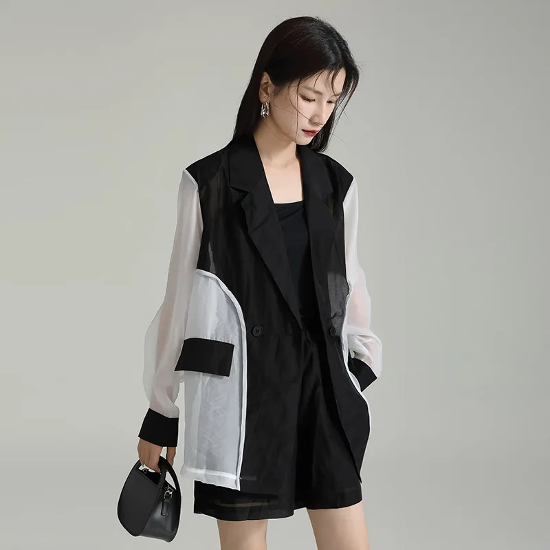 2023 Summer Suit Coat Luxury Set with Micro Transparent Spliced Sunscreen Clothing Shorts Fashion Women's Two Piece Set