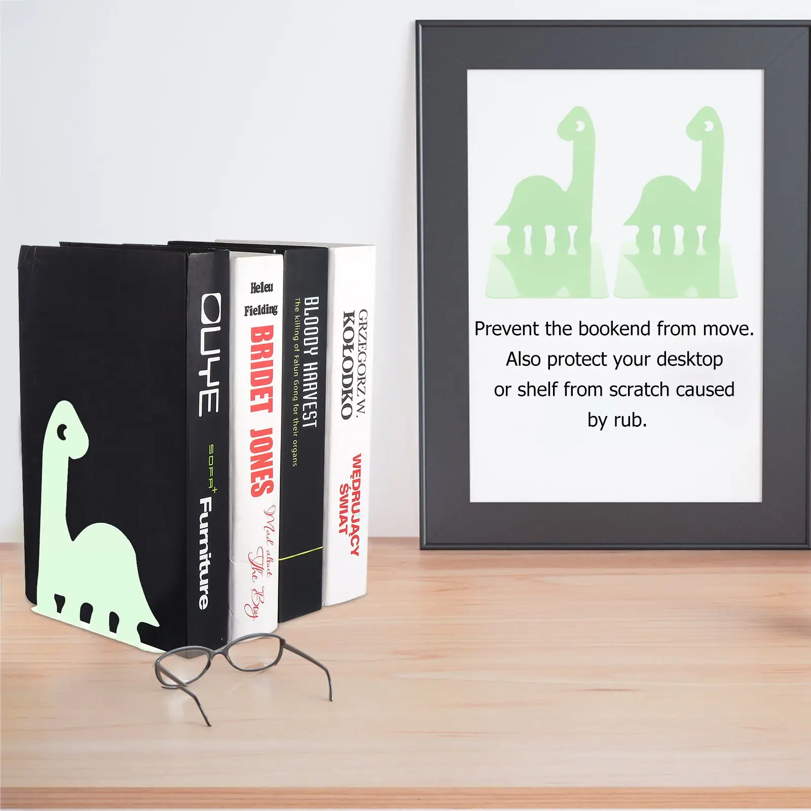 Dinosaur Book End Metal Storage Rack Green Desktop Stands Child Room Decor Smooth Premium Material Protect Scratch Tidy